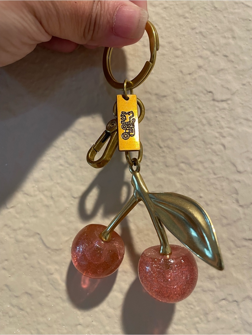 Gold-Tone Cherry Keyring with Glitter Pink Drops